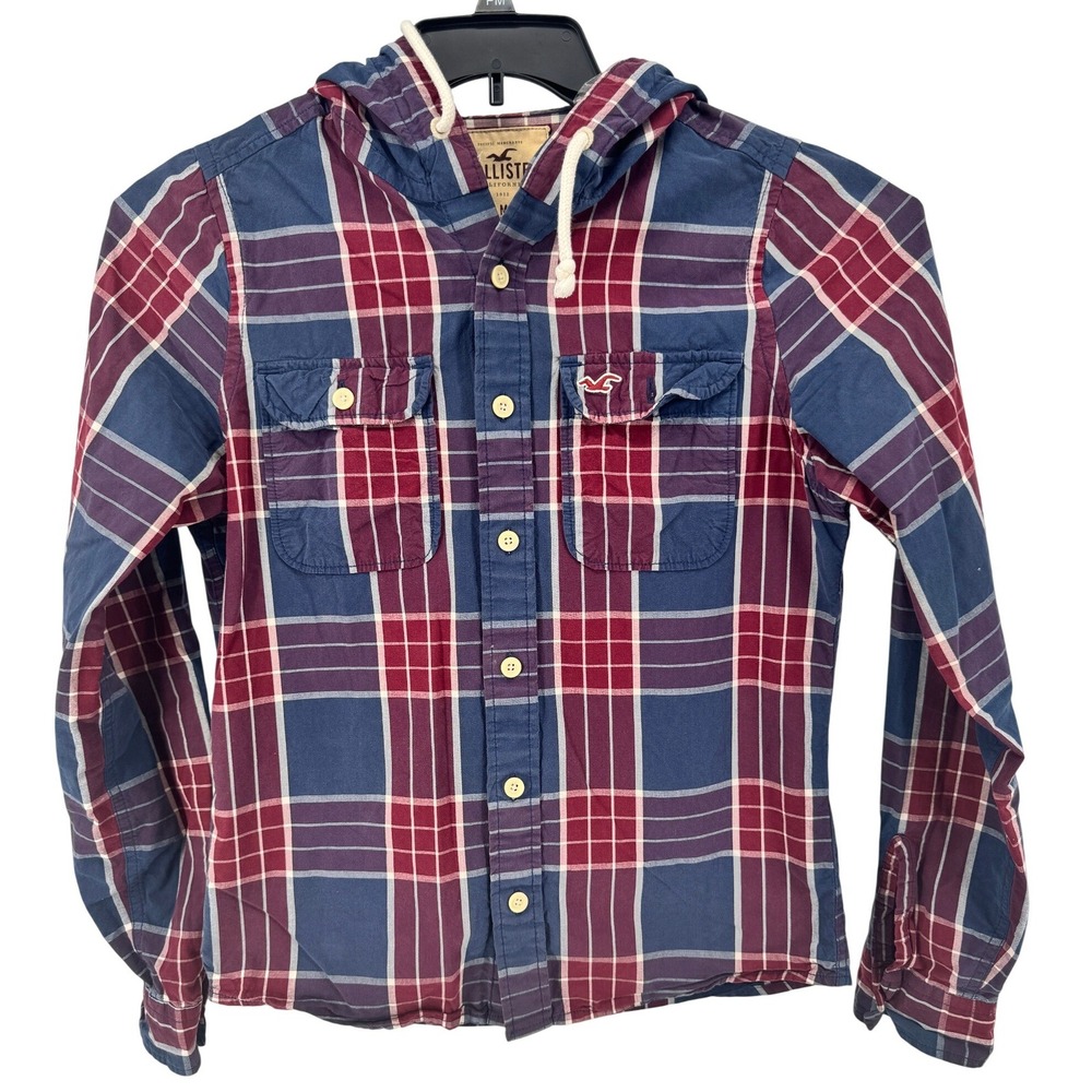 Hollister Mens Shirt Medium Hooded Button‎ Down Blue Red White Cotton